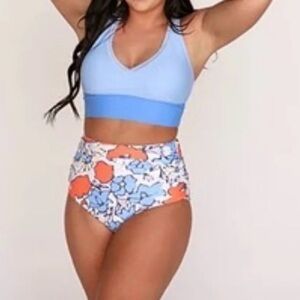 Light Blue and Floral High Waist Crop Top Bikini Set Ruched Bottom